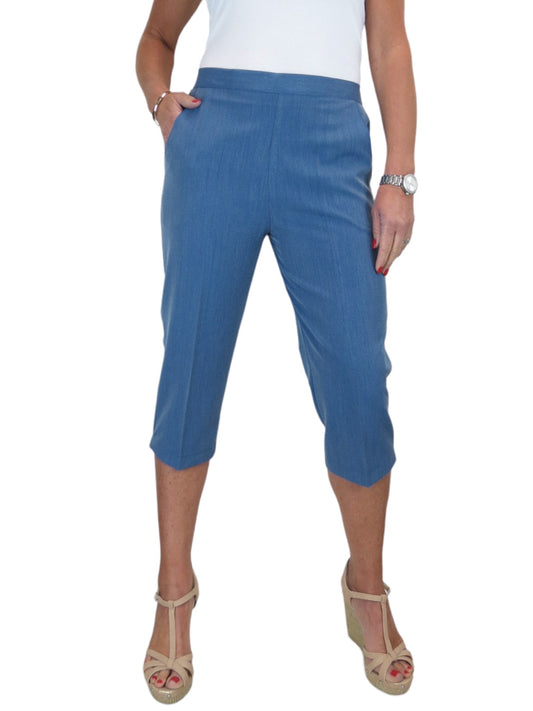 Women's Elasticated Waist Cropped Smart Trousers Denim Blue