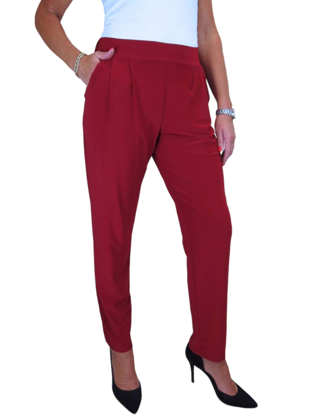 Women's Smart Work Elasticated Waist Trousers Deep Red