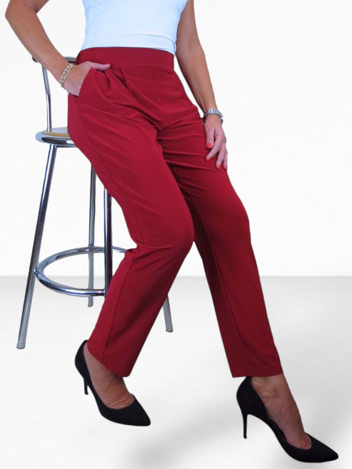 Women's Smart Work Elasticated Waist Trousers Deep Red