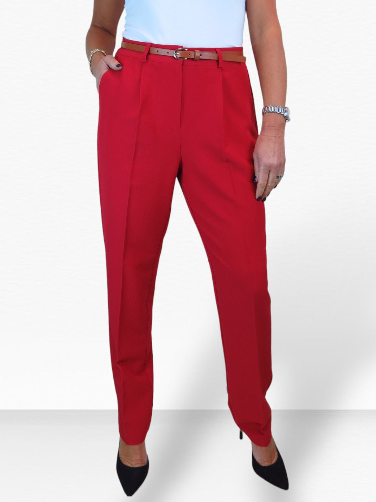 Smart Tapered Leg Pleated Trousers Red