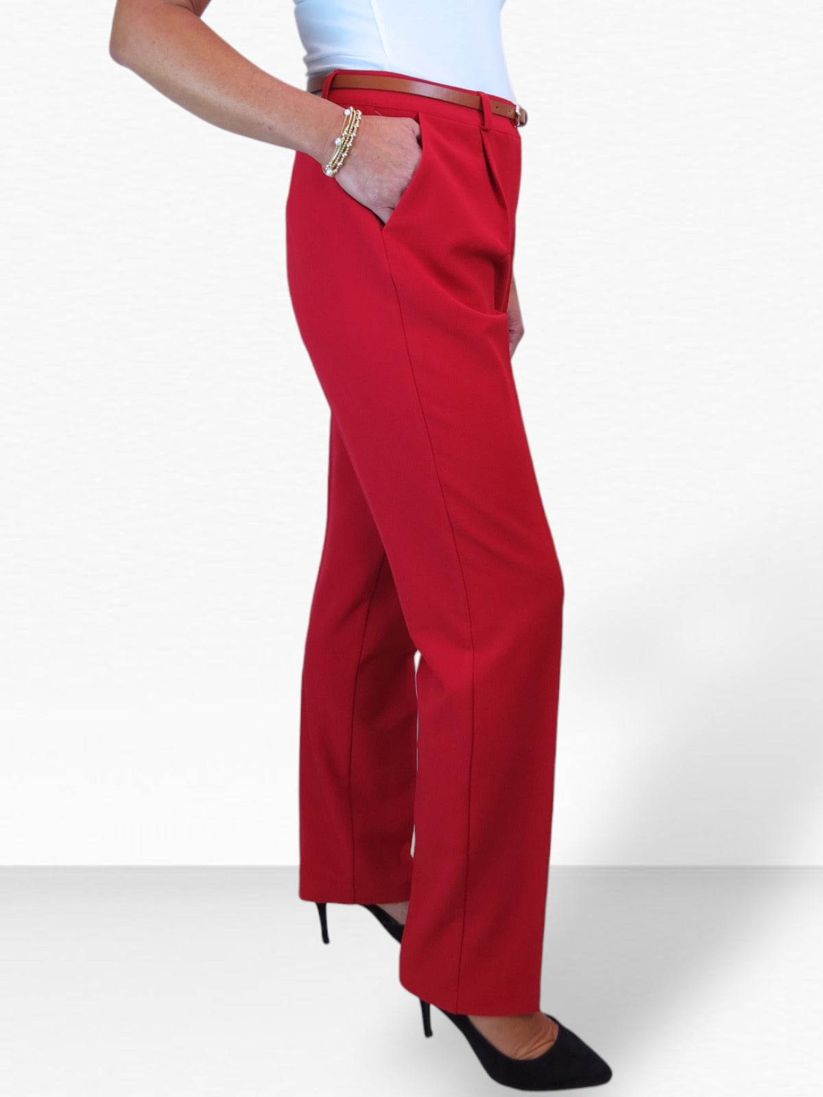 Smart Tapered Leg Pleated Trousers Red