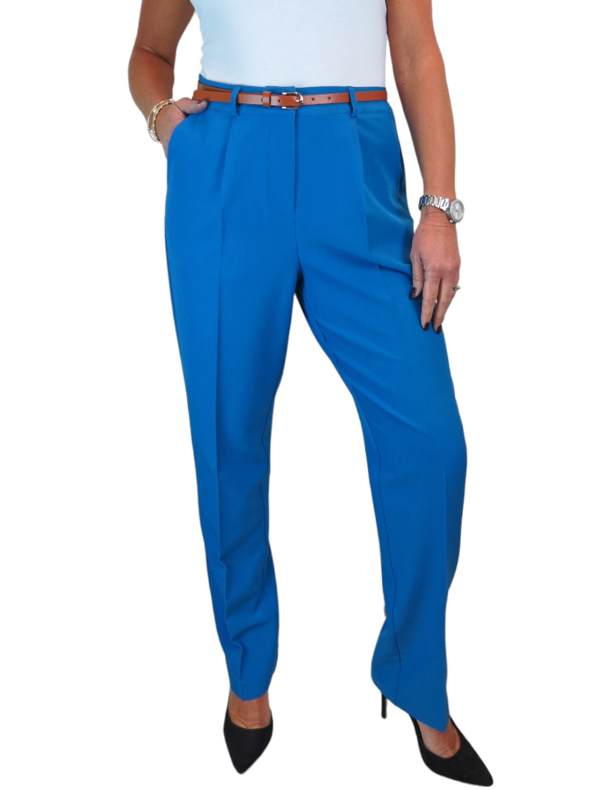 Smart Tapered Leg Pleated Trousers Mid Blue