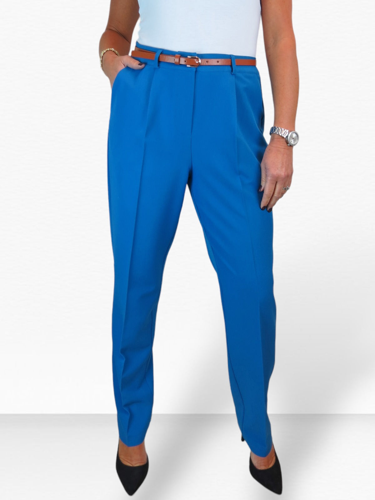 Smart Tapered Leg Pleated Trousers Mid Blue