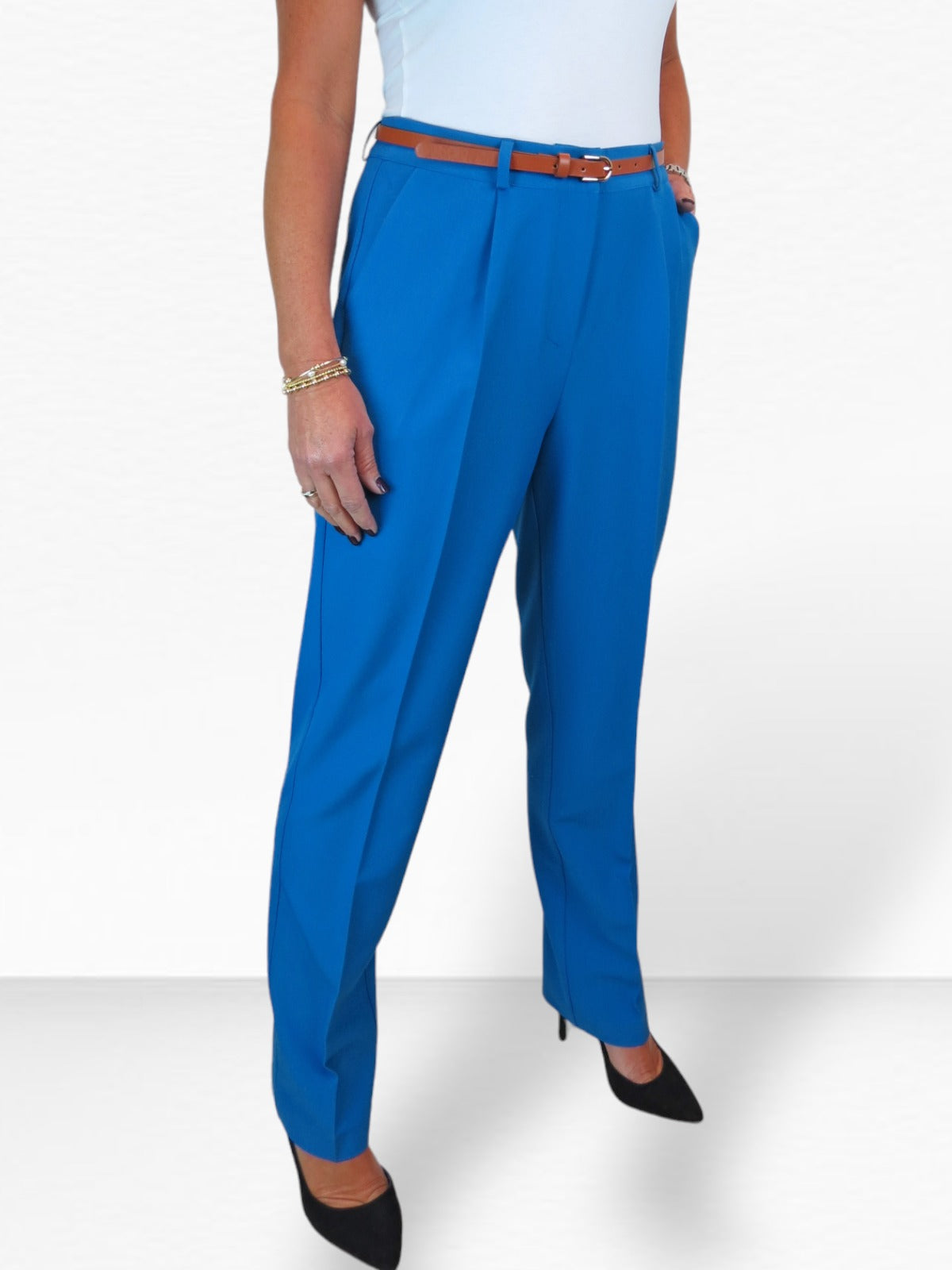 Smart Tapered Leg Pleated Trousers Mid Blue