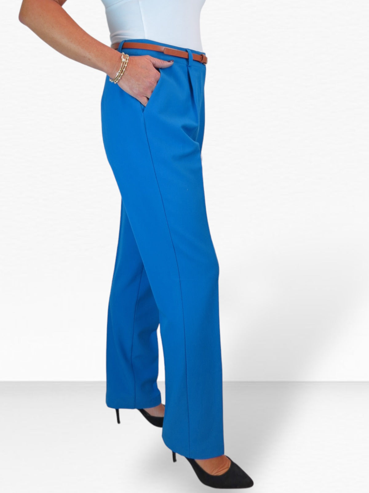 Smart Tapered Leg Pleated Trousers Mid Blue