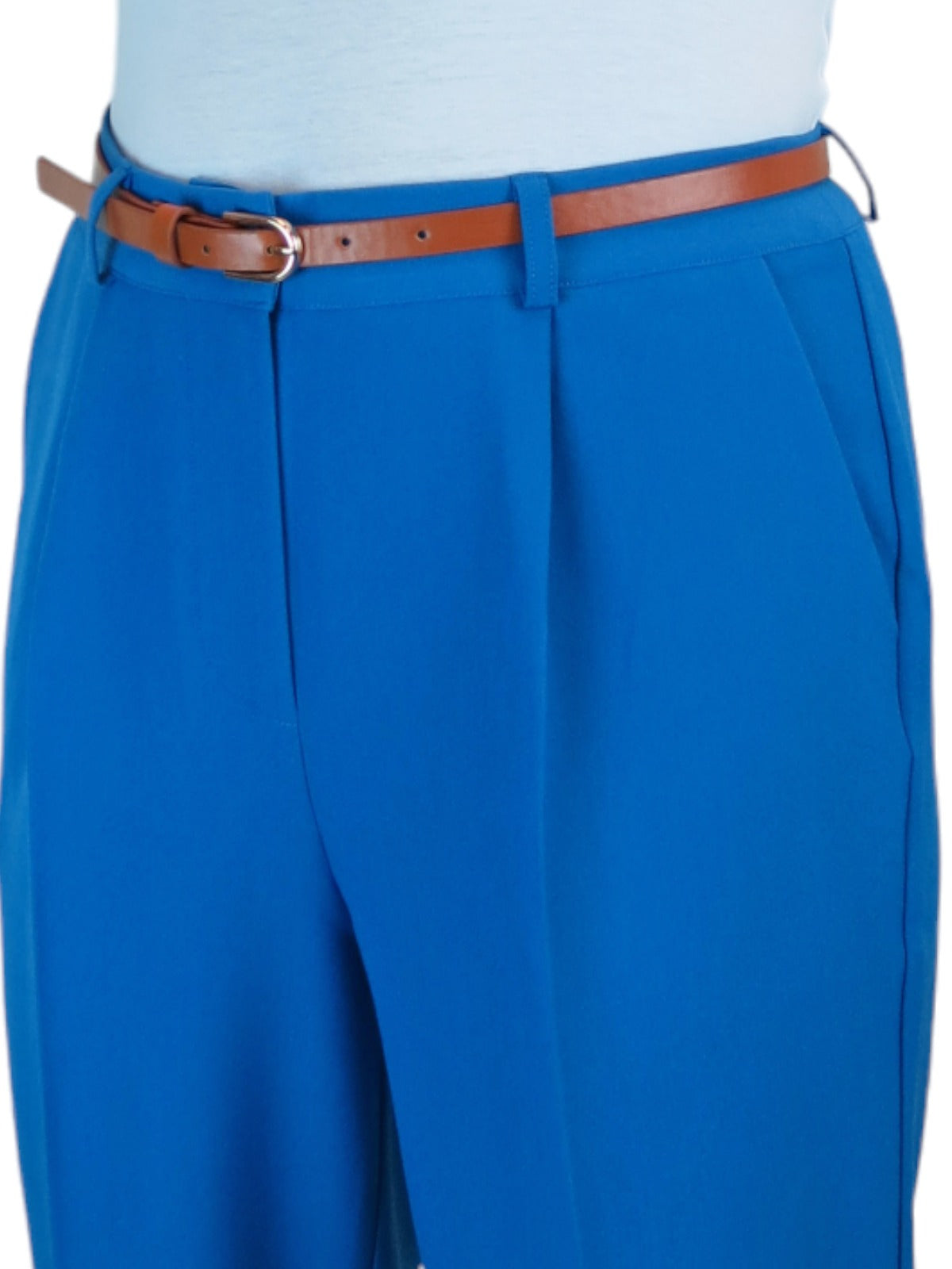 Smart Tapered Leg Pleated Trousers Mid Blue