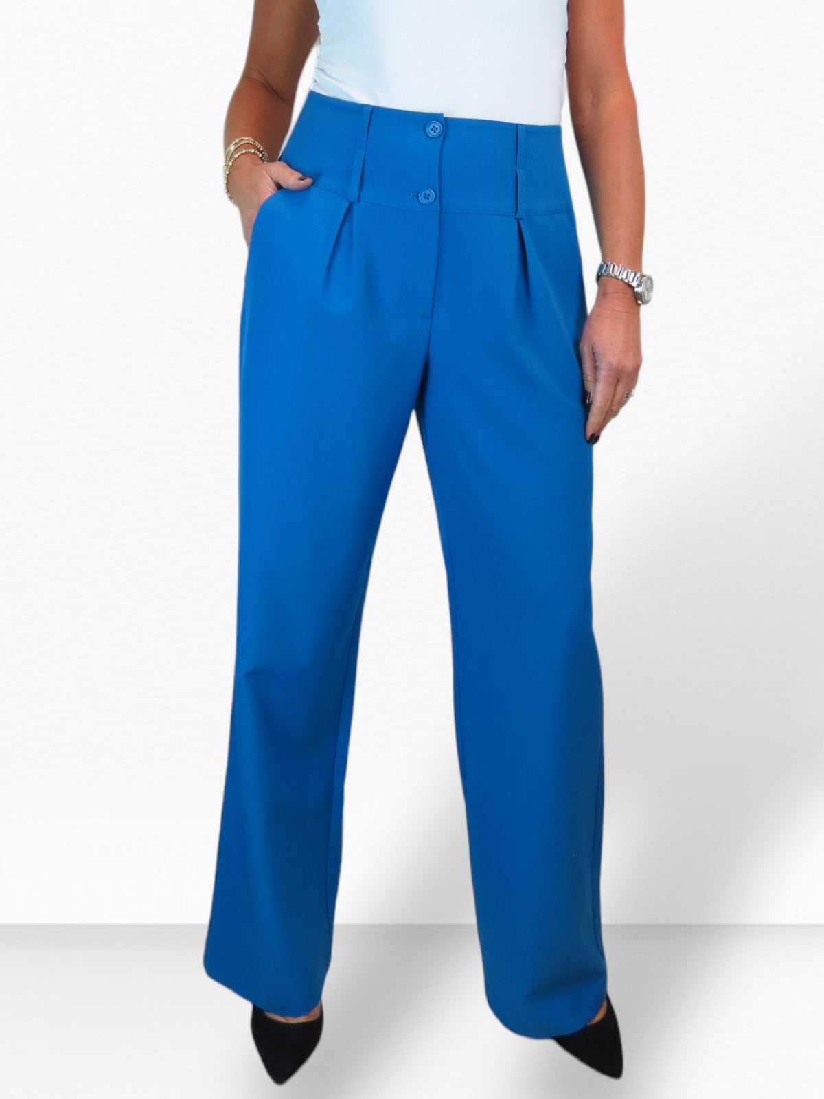 High Waisted Wide Leg Smart Trouser Mid Blue