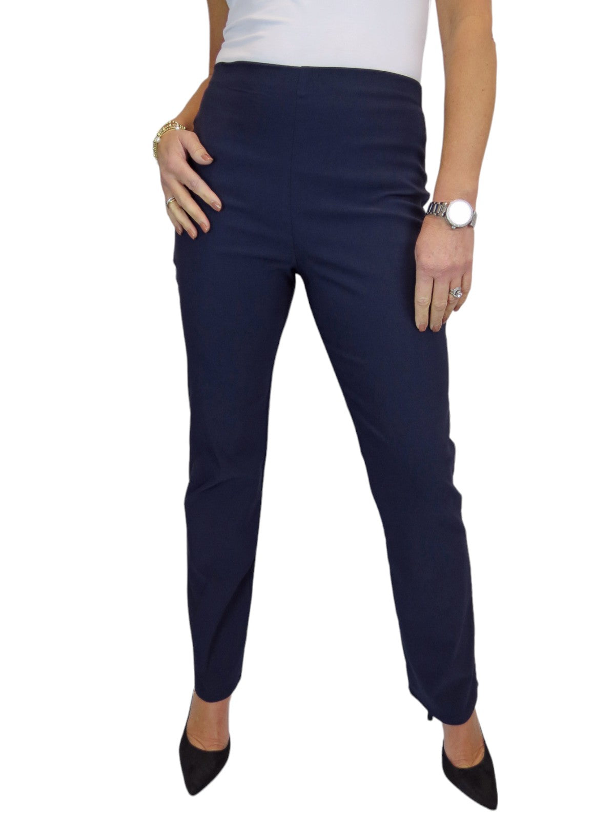 Elasticated Waist Straight Leg Trousers Navy Blue