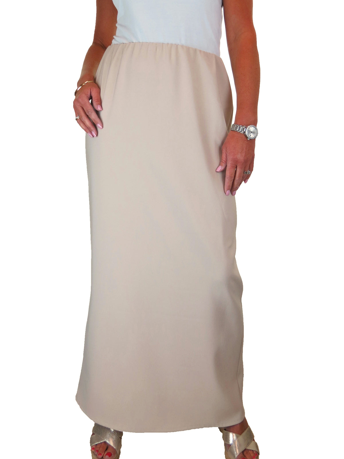 Smart Elasticated Waist Loose Fit Maxi Pencil Skirt Beige