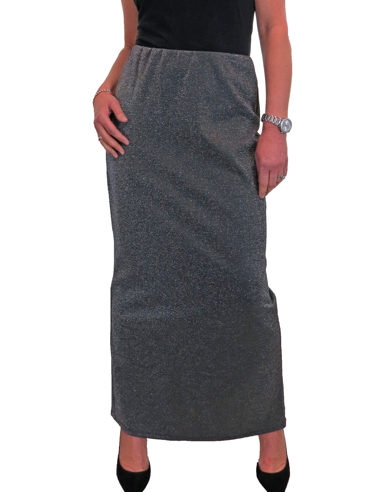 Glitter Soft Stretch Maxi Skirt Silver