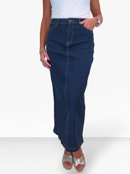 Stretch Denim Jeans Maxi Skirt Soft Wash Indigo Blue