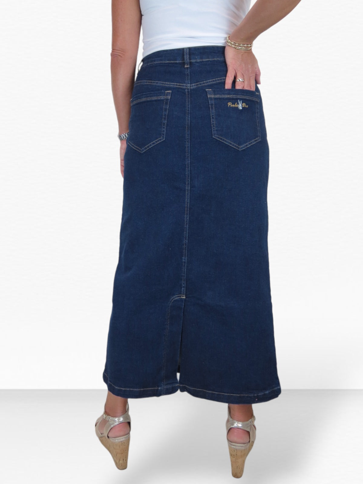 Stretch Denim Jeans Maxi Skirt Soft Wash Indigo Blue