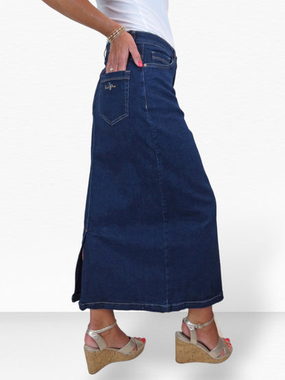 Stretch Denim Jeans Maxi Skirt Soft Wash Indigo Blue