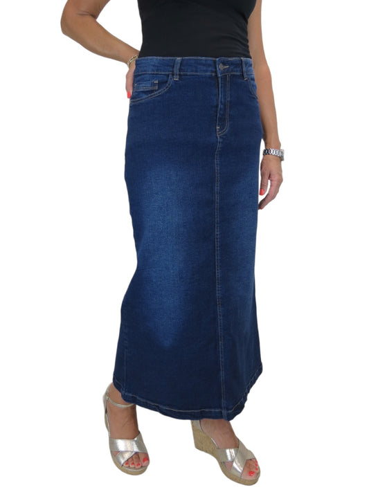 Stretch Denim Jeans Maxi Skirt Faded Dark Blue