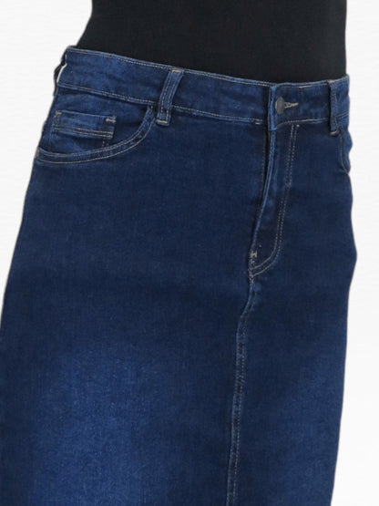 Stretch Denim Jeans Maxi Skirt Faded Dark Blue