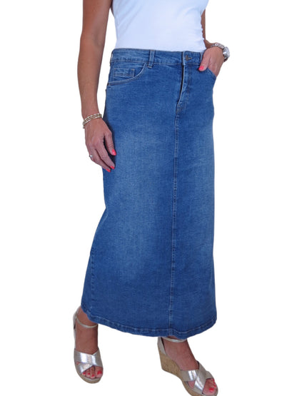 Stretch Denim Jeans Maxi Skirt Faded Mid Blue