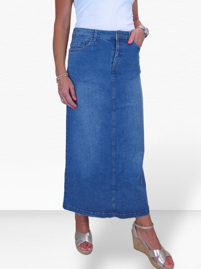 Stretch Denim Jeans Maxi Skirt Faded Mid Blue