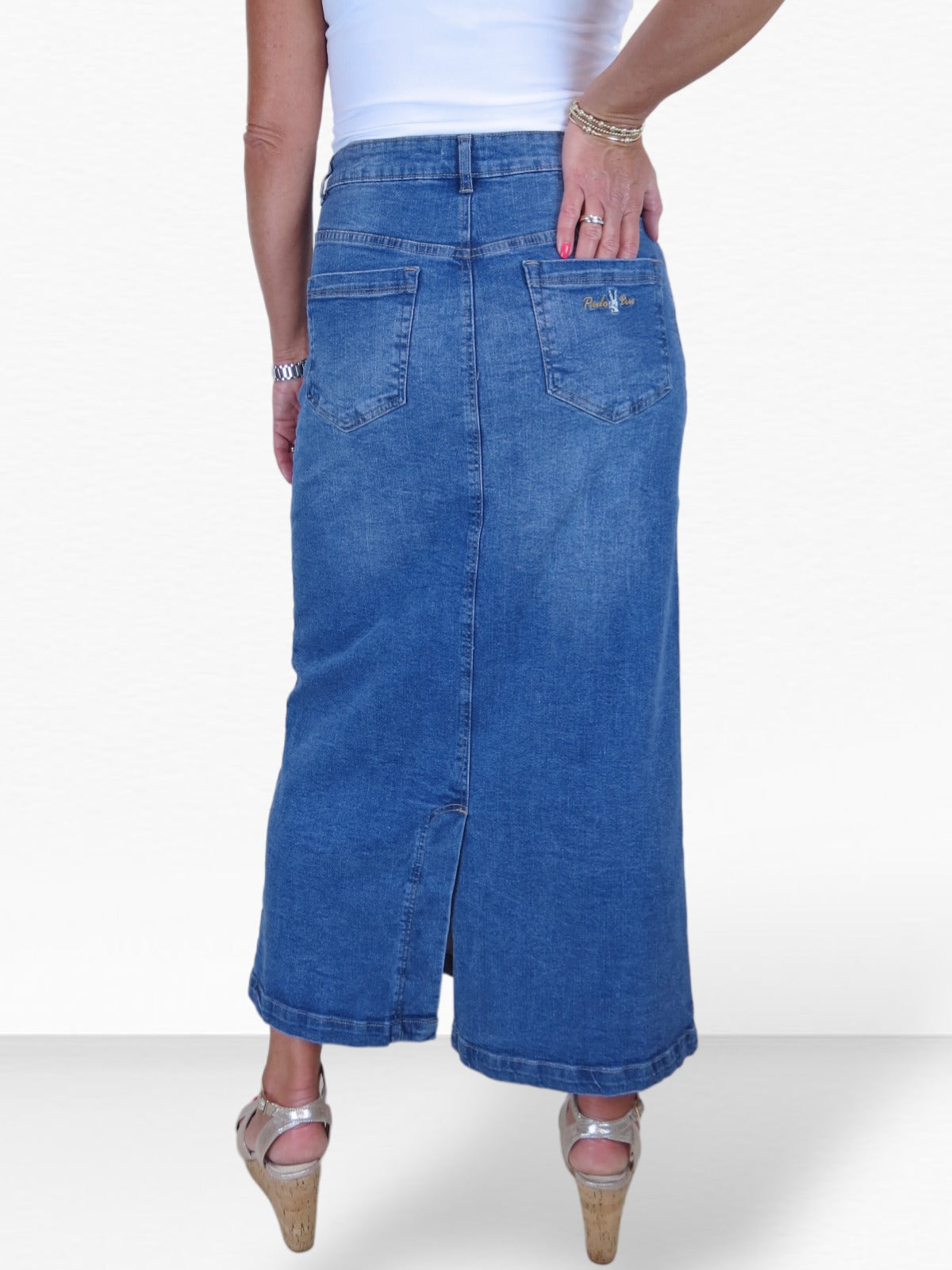 Stretch Denim Jeans Maxi Skirt Faded Mid Blue