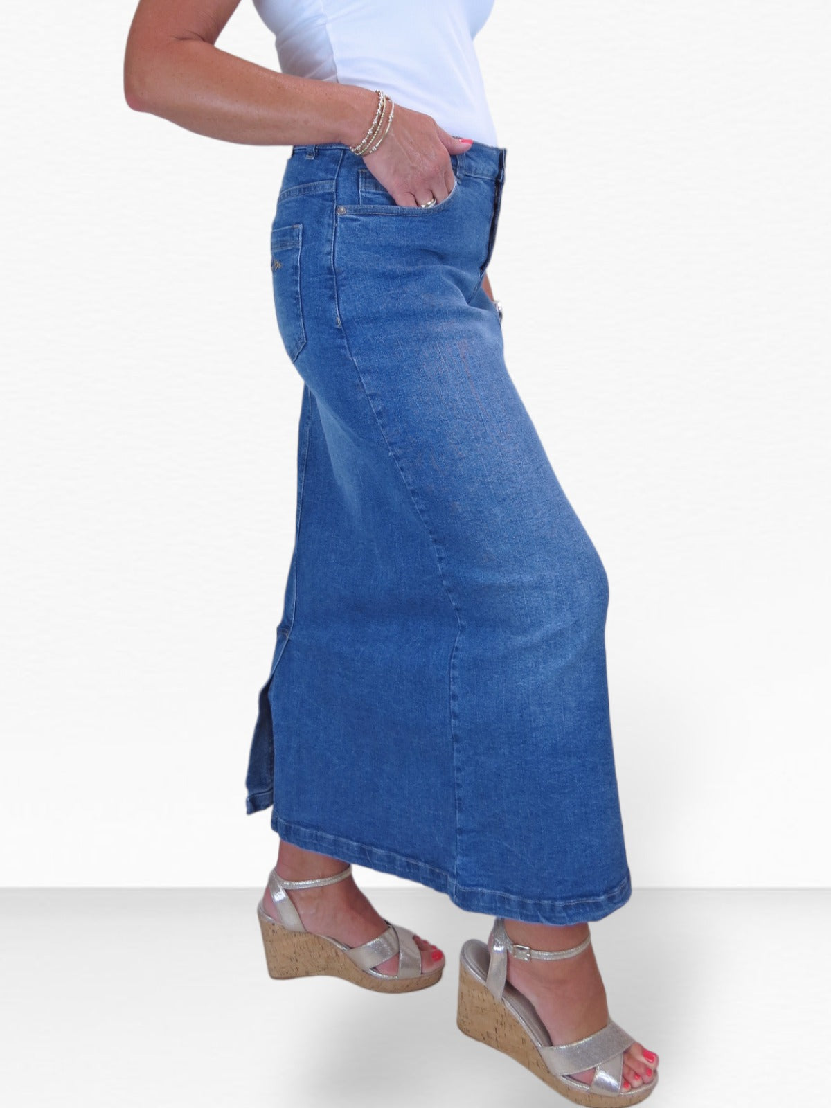 Stretch Denim Jeans Maxi Skirt Faded Mid Blue