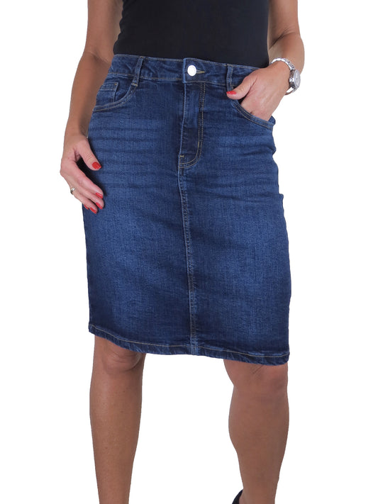 Knee Length Stretch Denim Pencil Skirt Dark Fade Blue