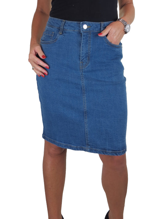 Knee Length Stretch Denim Pencil Skirt Smooth Mid Blue