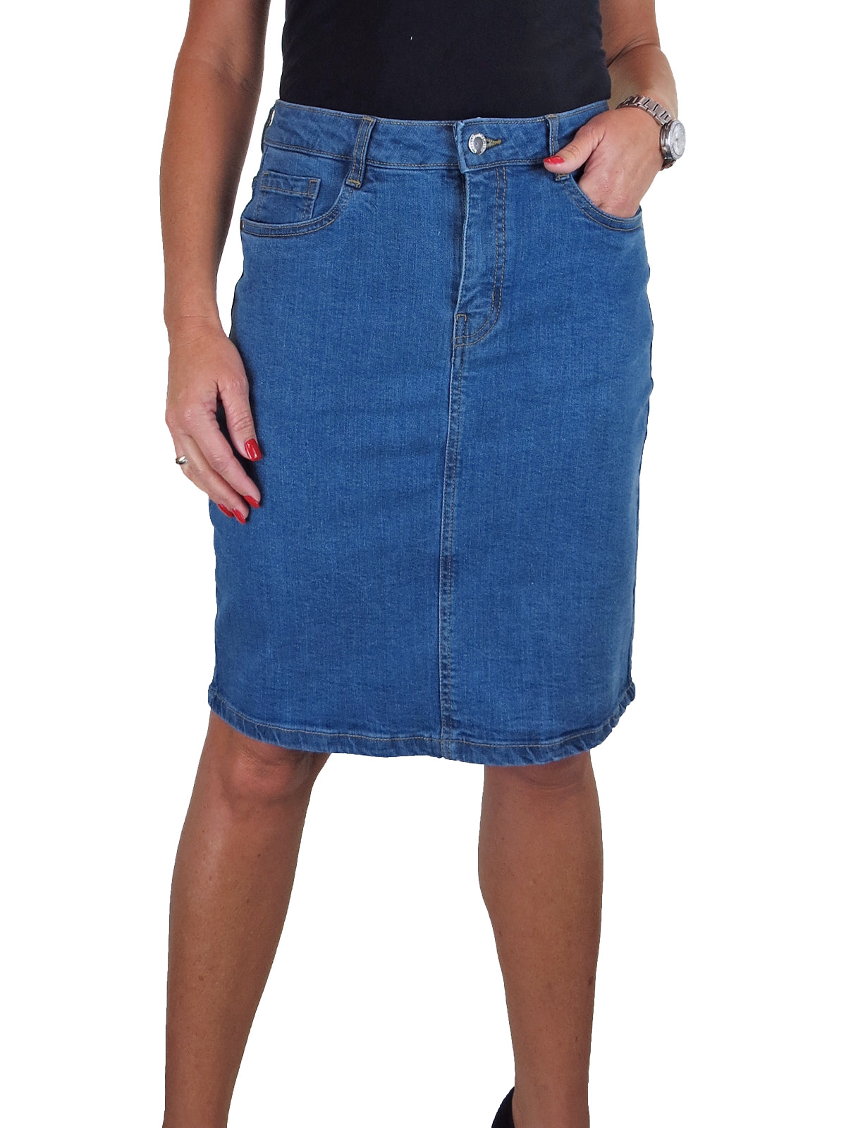 Knee Length Stretch Denim Pencil Skirt Smooth Mid Blue