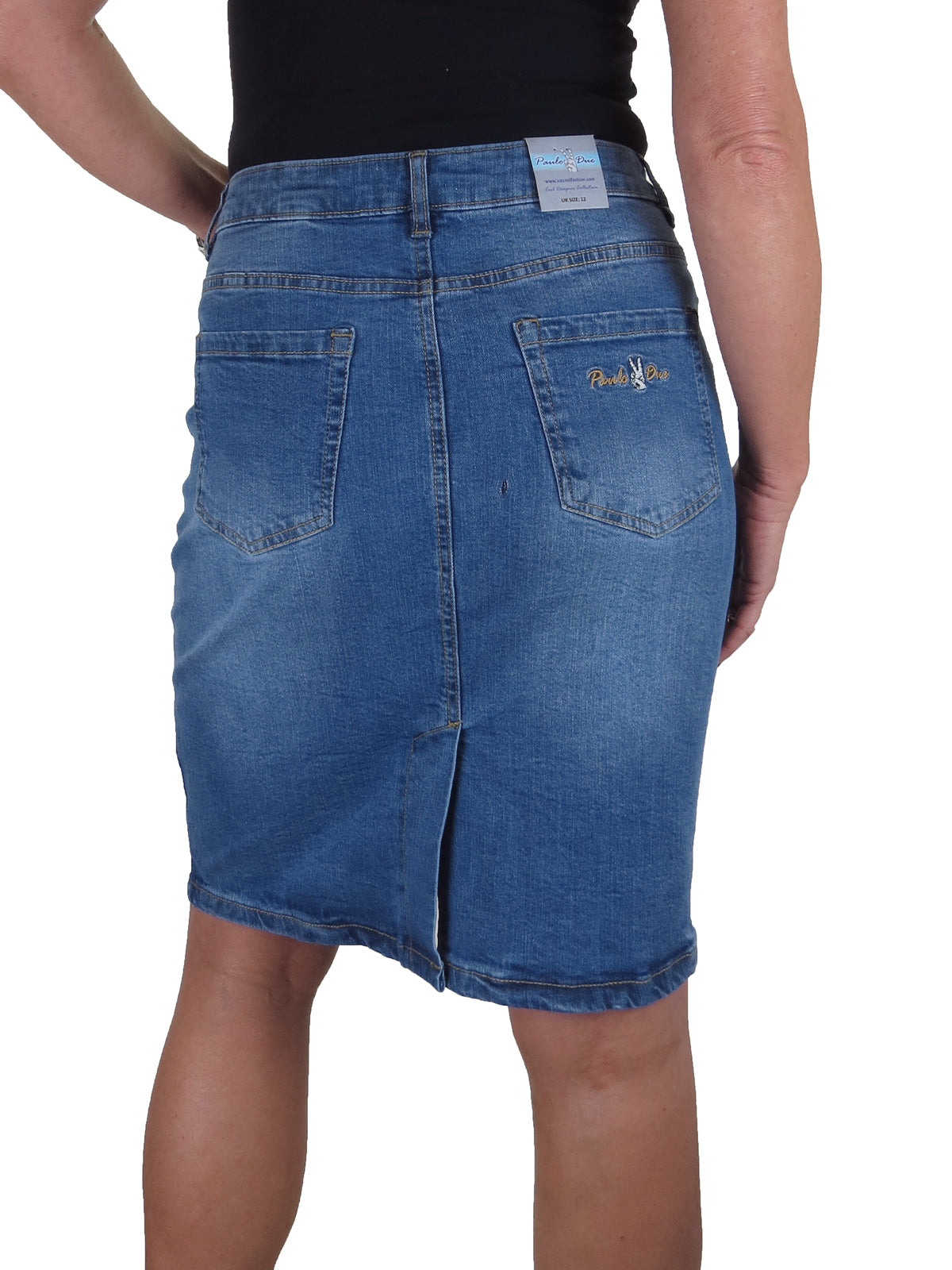 Knee Length Stretch Denim Pencil Skirt Fade Mid Blue