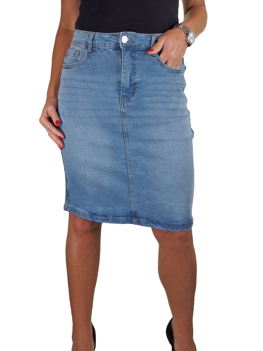Knee Length Stretch Denim Pencil Skirt Bleached Pale Blue