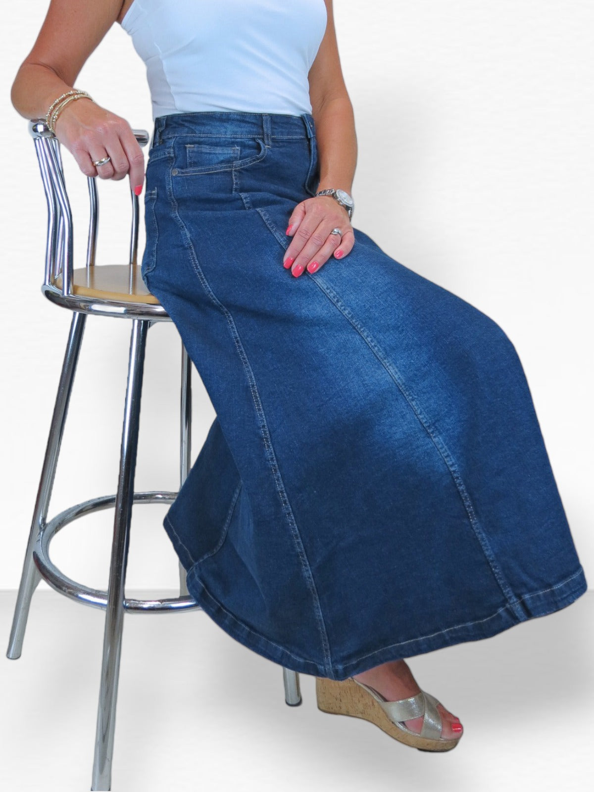 Stretch Denim Flared Maxi Skirt Dark Fade Blue