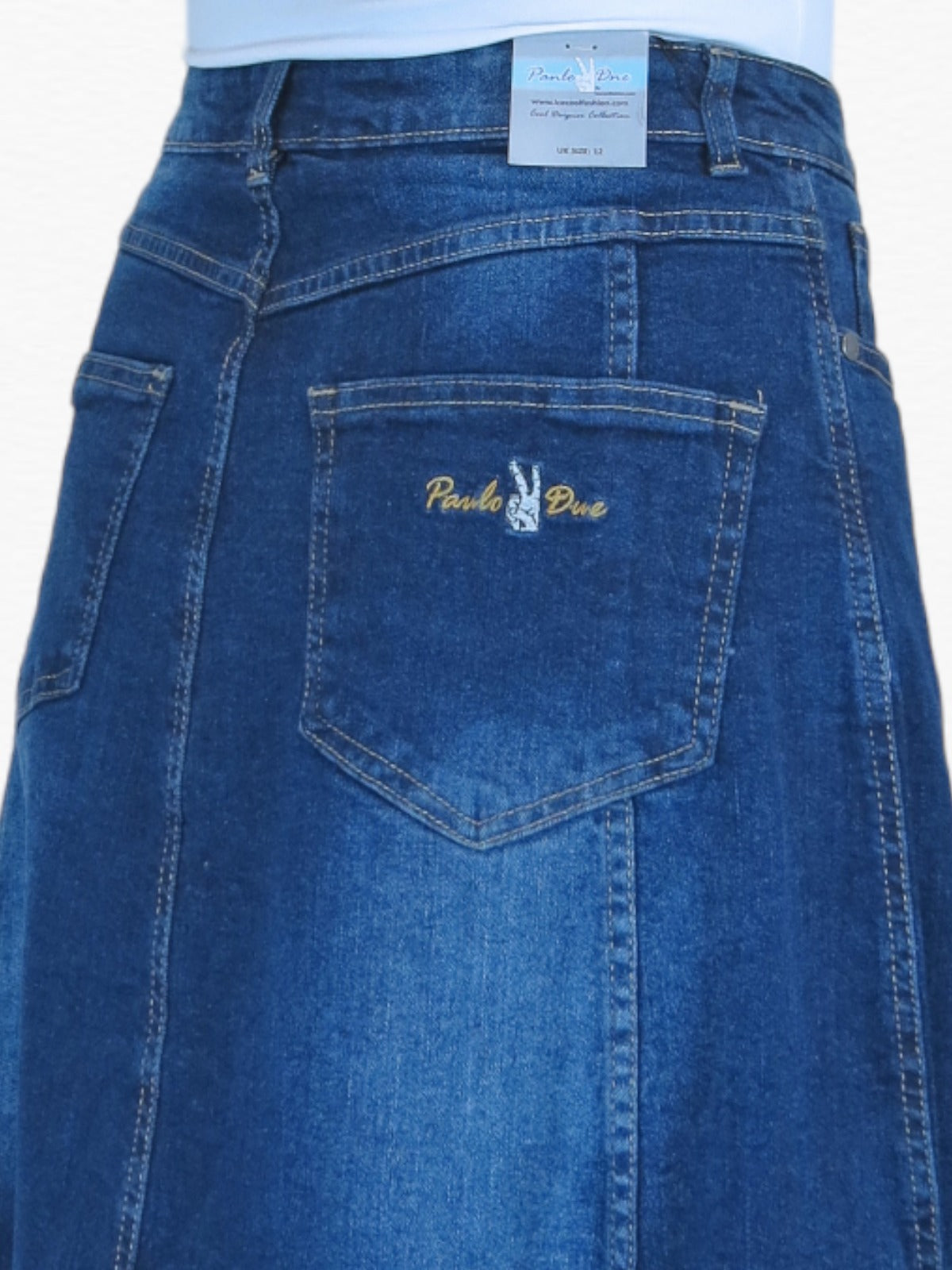 Stretch Denim Flared Maxi Skirt Dark Fade Blue