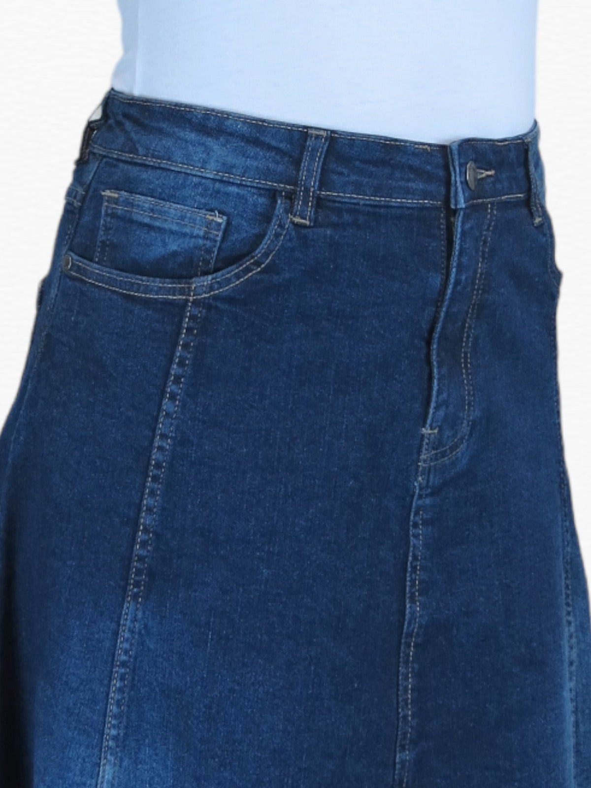 Stretch Denim Flared Maxi Skirt Dark Fade Blue
