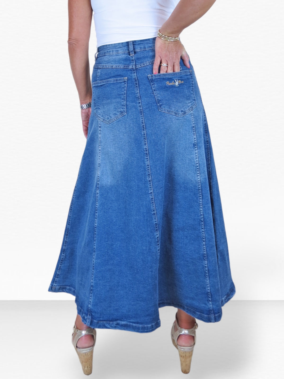 Stretch Denim Flared Maxi Skirt Fade Mid Blue