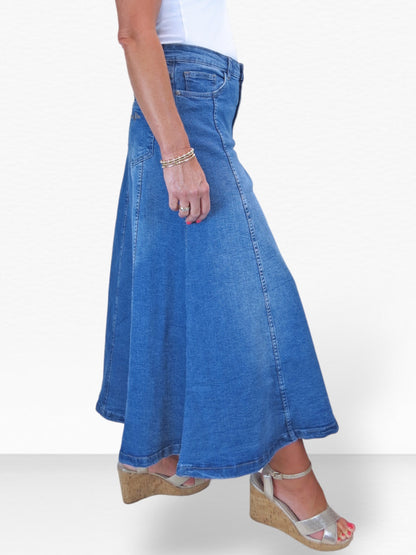 Stretch Denim Flared Maxi Skirt Fade Mid Blue