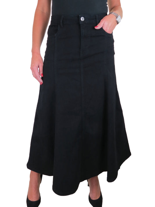 Stretch Denim Flared Maxi Skirt Black