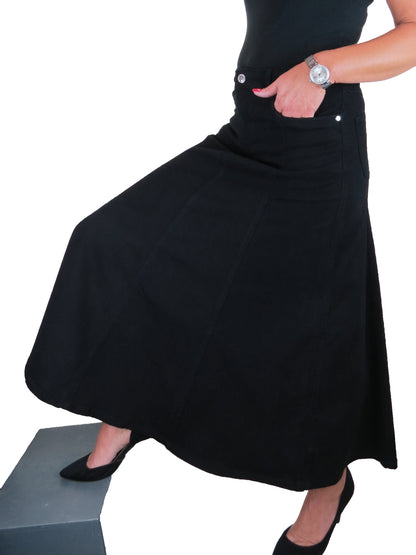 Stretch Denim Flared Maxi Skirt Black