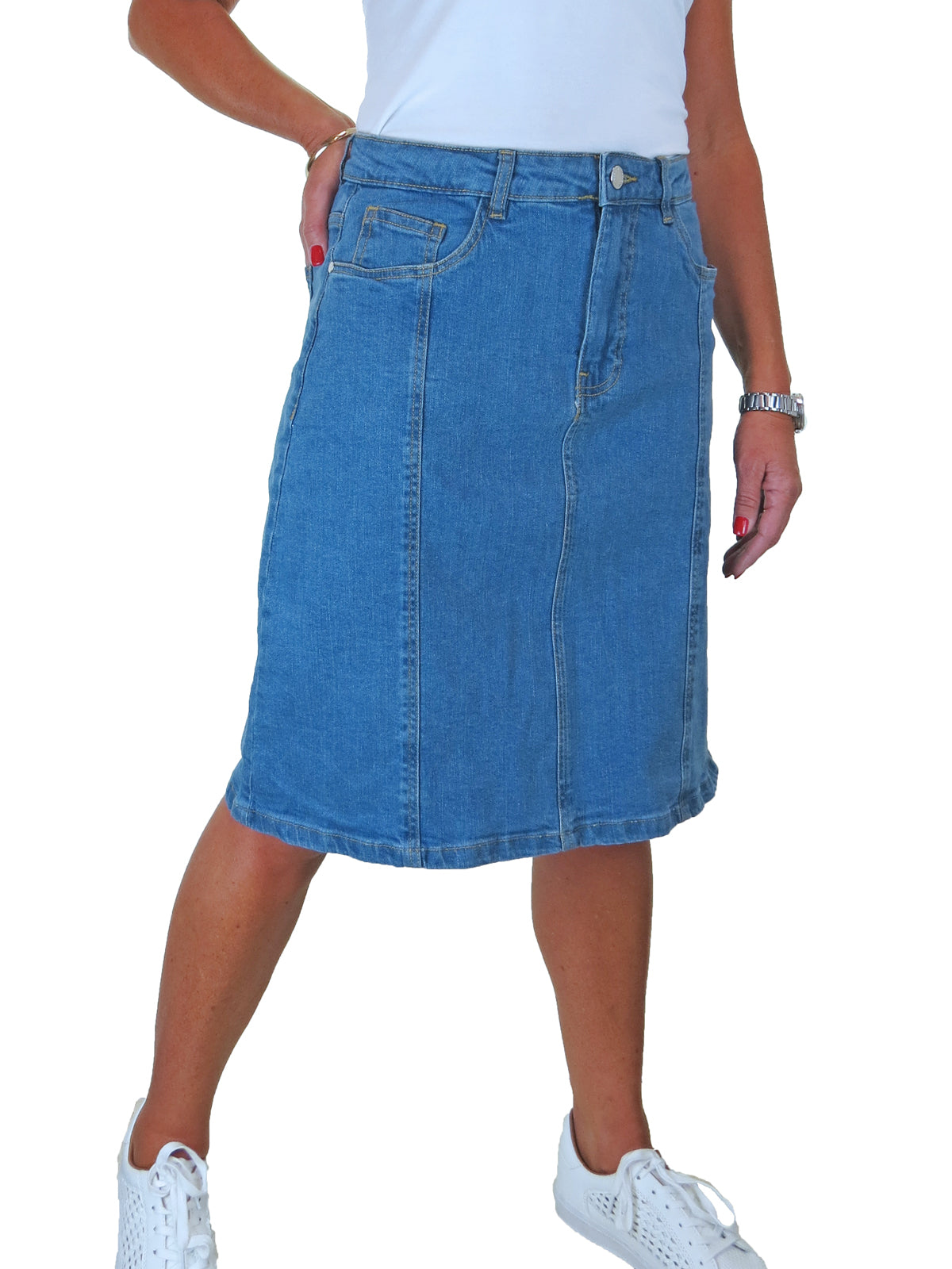 Women's Stretch Denim A Line Skirt Mid Blue