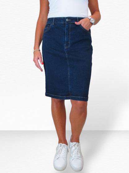 Stretch Denim Knee Length Pencil Skirt Indigo Dark Blue