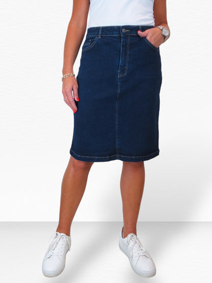 Stretch Denim Knee Length Pencil Skirt Indigo Dark Blue