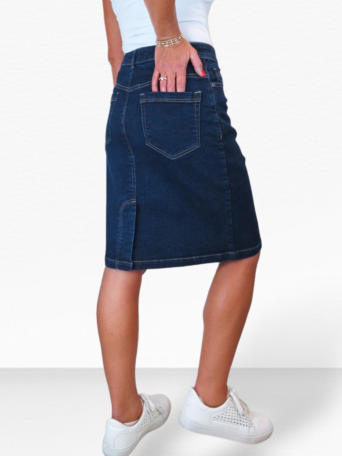 Stretch Denim Knee Length Pencil Skirt Indigo Dark Blue