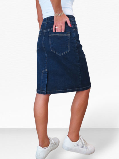 Stretch Denim Knee Length Pencil Skirt Indigo Dark Blue
