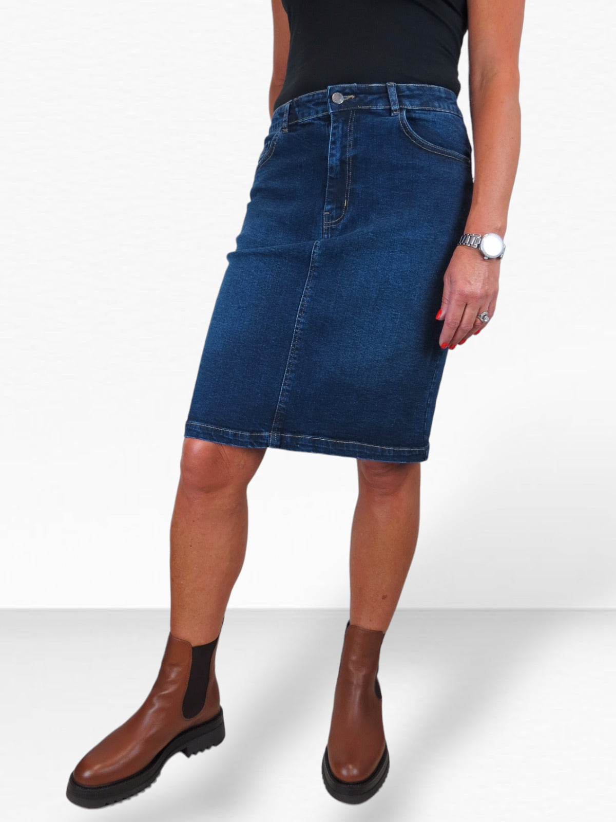 Stretch Denim Knee Length Pencil Skirt Dark Blue Faded