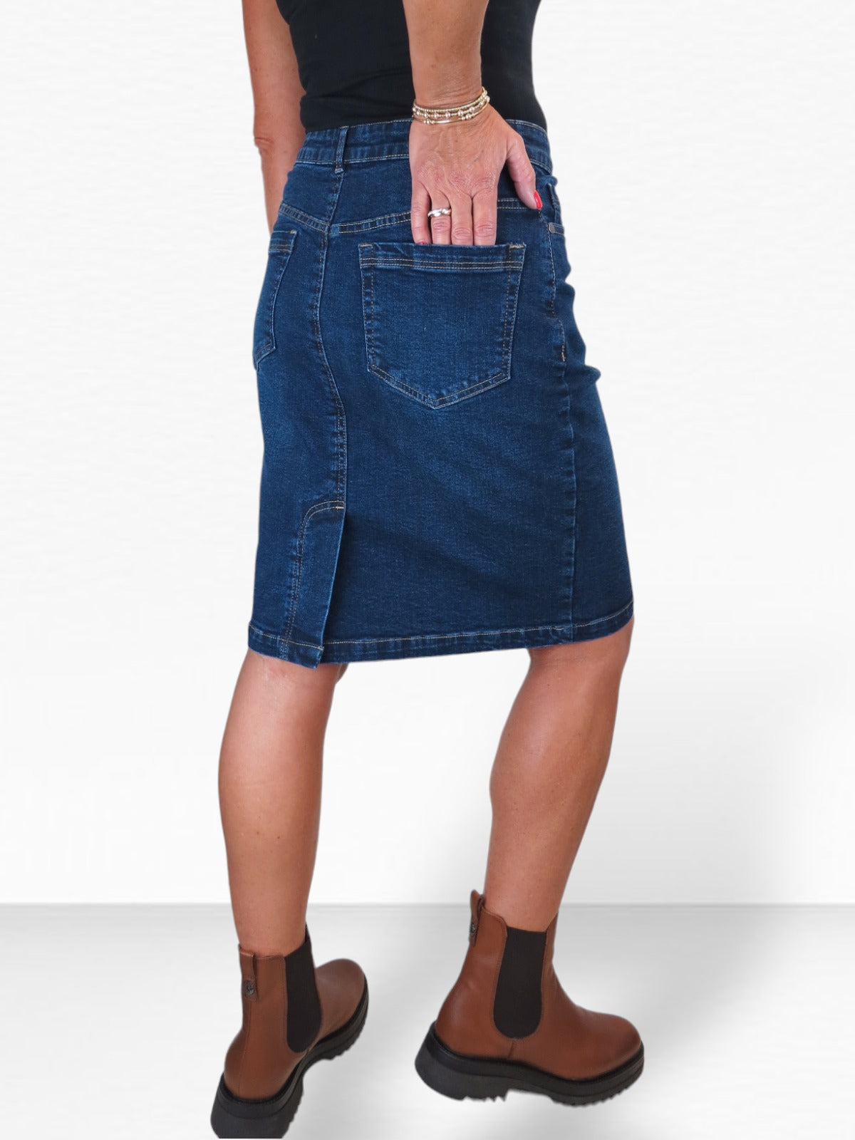 Stretch Denim Knee Length Pencil Skirt Dark Blue Faded