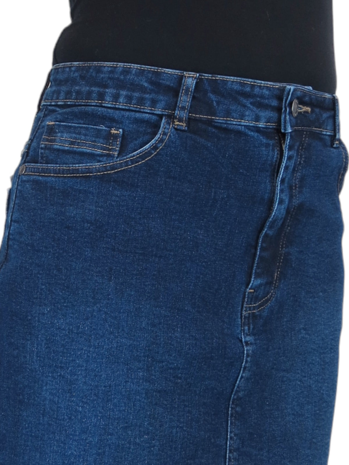 Stretch Denim Knee Length Pencil Skirt Dark Blue Faded