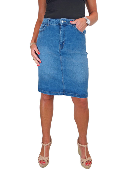 Stretch Denim Knee Length Pencil Skirt Mid Blue Faded