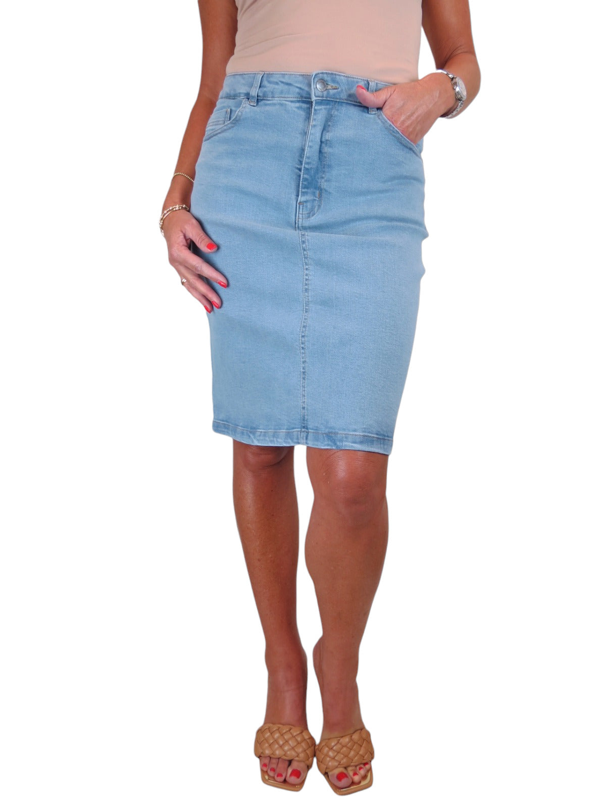 Stretch Denim Knee Length Pencil Skirt Bleach Pale Blue