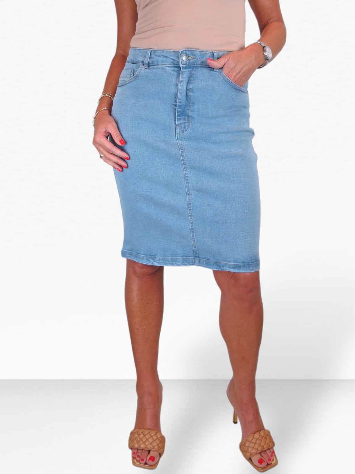 Stretch Denim Knee Length Pencil Skirt Bleach Pale Blue