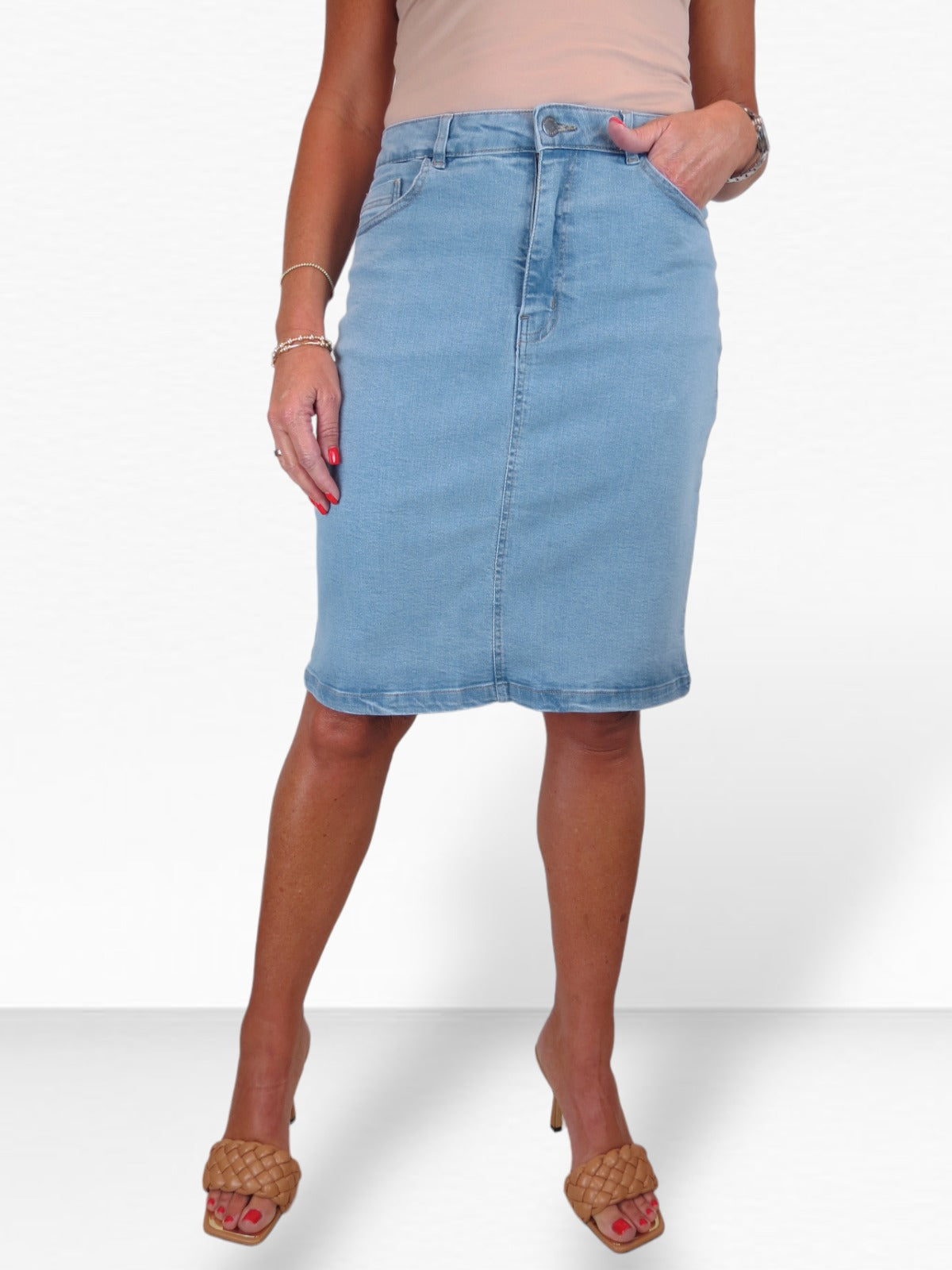 Stretch Denim Knee Length Pencil Skirt Bleach Pale Blue
