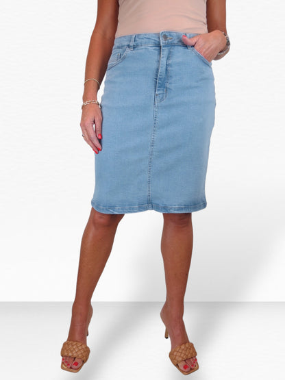 Stretch Denim Knee Length Pencil Skirt Bleach Pale Blue