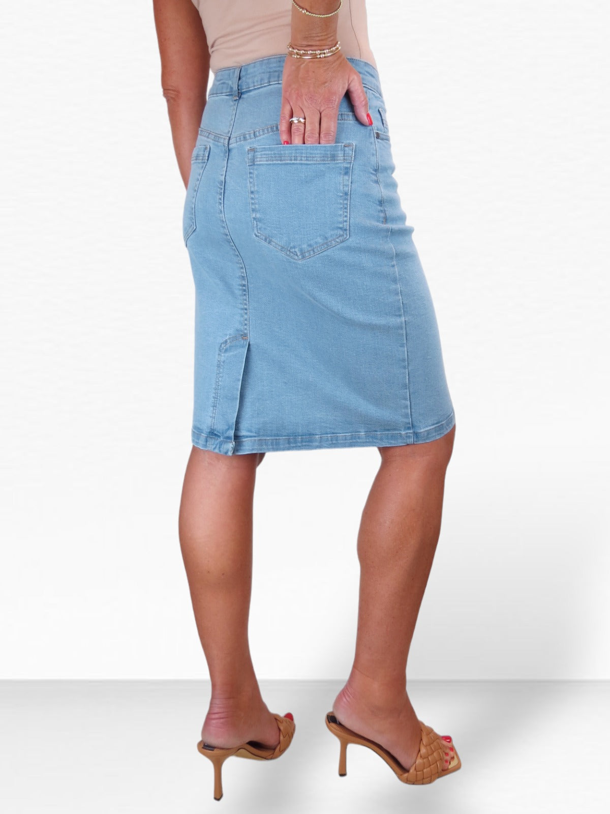 Stretch Denim Knee Length Pencil Skirt Bleach Pale Blue