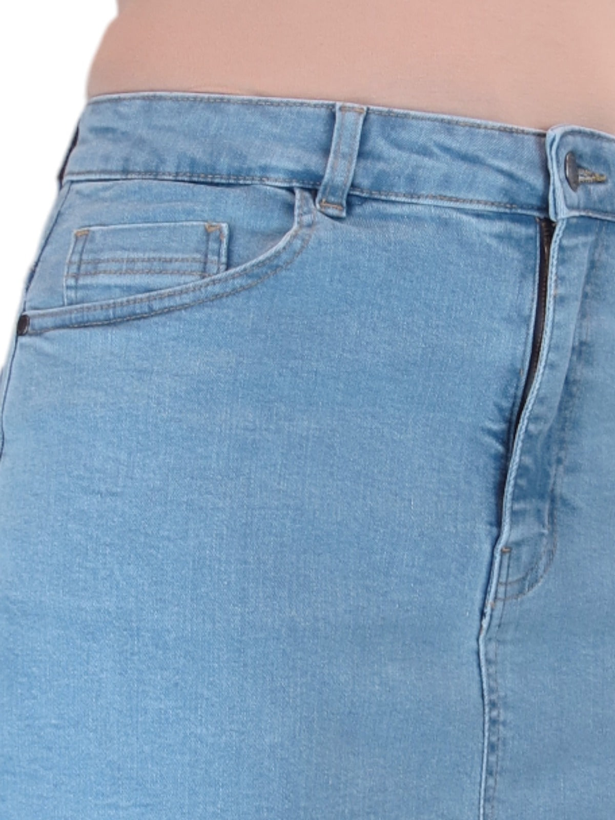 Stretch Denim Knee Length Pencil Skirt Bleach Pale Blue